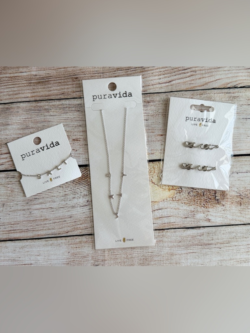 Pura Vida NWT Silver Jewelry Lot 3pc Bracelet, Necklace, Wave Barrett Boho Beach